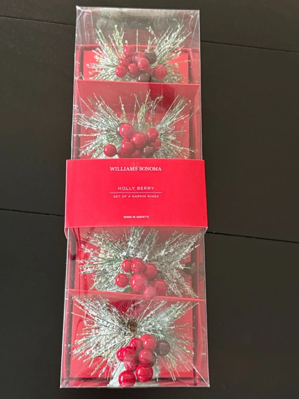 Williams Sonoma Holiday Holly Berry Napkin Rings Set  Pine Christmas Table Decor